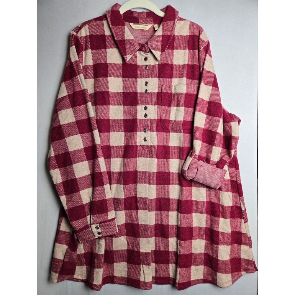 Soft Surroundings Red Cream Buffalo Plaid Tunic Button Front Top Women 2X